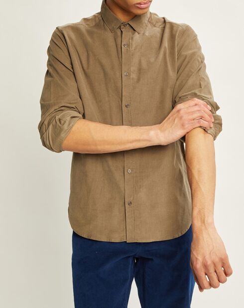 Chemise slim fit en Velours milleraies kaki
