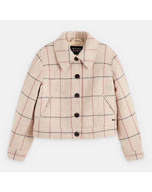 Veste courte en Laine mélangée Herringbone Checked à carreaux beige