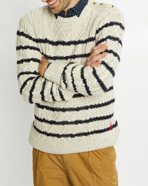 Pull col rond Cable Marin écru/bleu