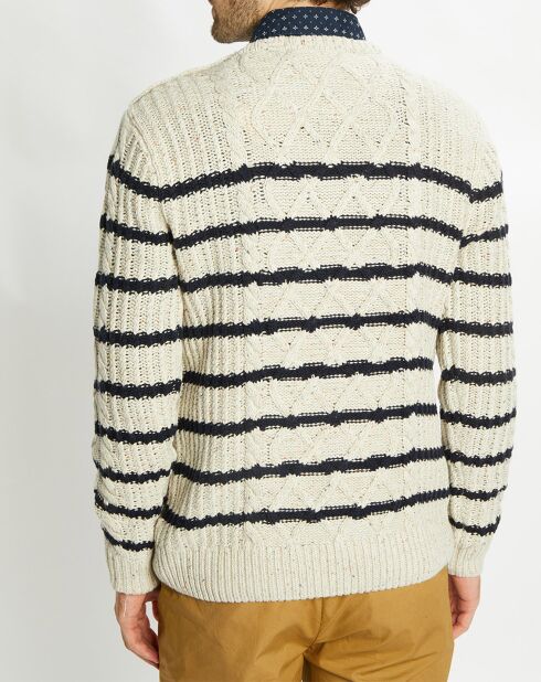 Pull col rond Cable Marin écru/bleu