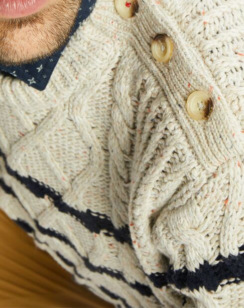 Pull col rond Cable Marin écru/bleu