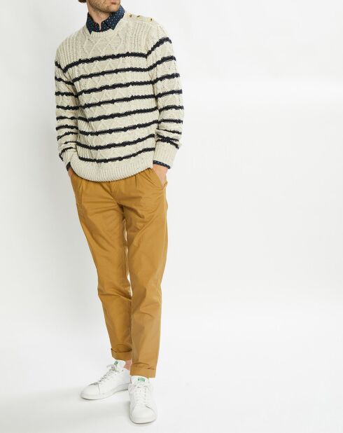 Pull col rond Cable Marin écru/bleu