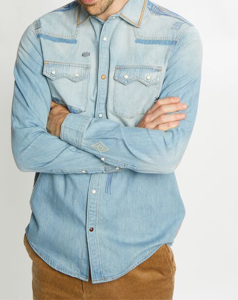 Chemise Regular Fit en Jean Western Patch bleu clair délavé
