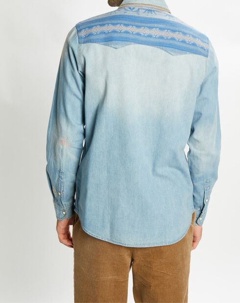 Chemise Regular Fit en Jean Western Patch bleu clair délavé