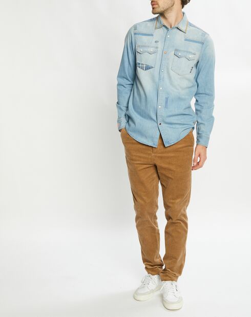 Chemise Regular Fit en Jean Western Patch bleu clair délavé
