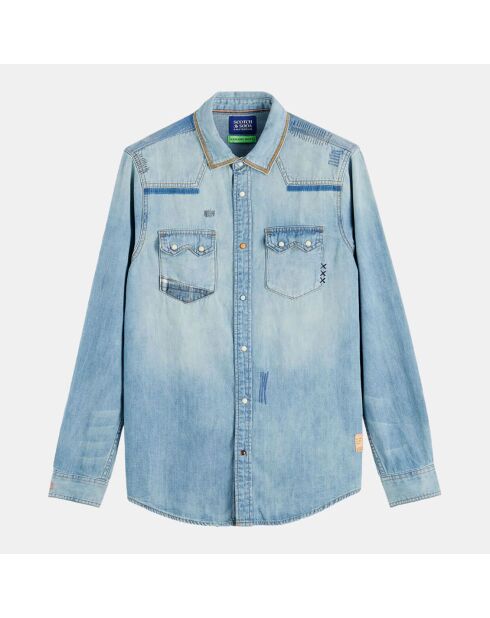 Chemise Regular Fit en Jean Western Patch bleu clair délavé