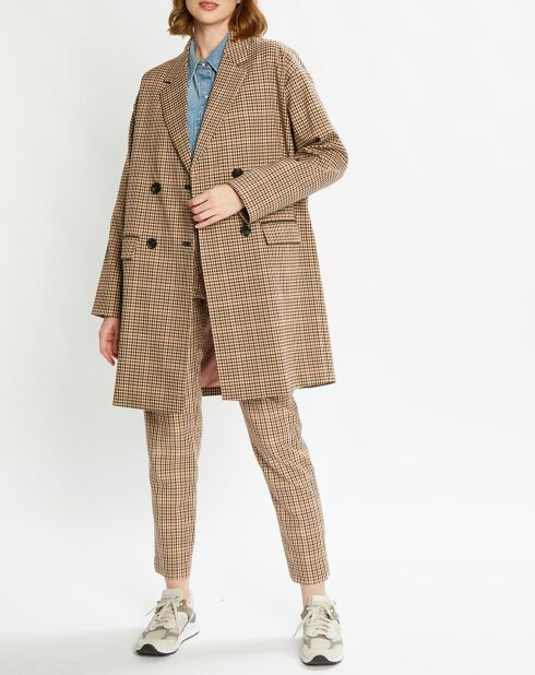 Manteau droit double boutonnage à carreaux beige/marron