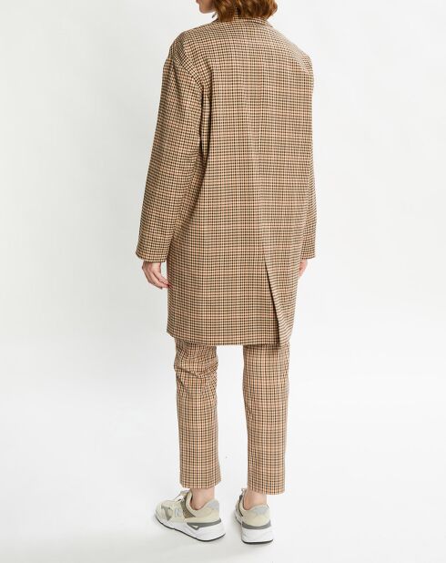 Manteau droit double boutonnage à carreaux beige/marron