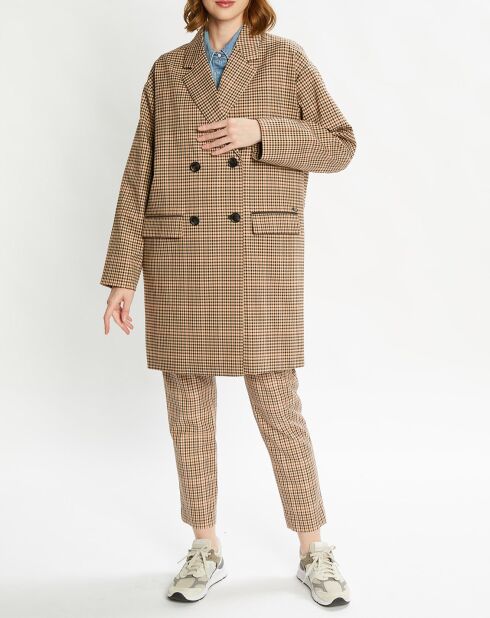 Manteau droit double boutonnage à carreaux beige/marron