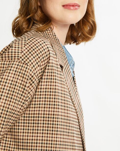 Manteau droit double boutonnage à carreaux beige/marron