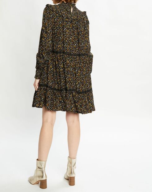 Robe évasée col smockée imprimé floral multicolore