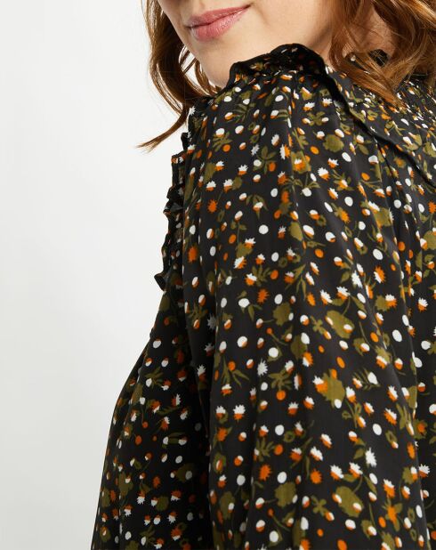 Robe évasée col smockée imprimé floral multicolore