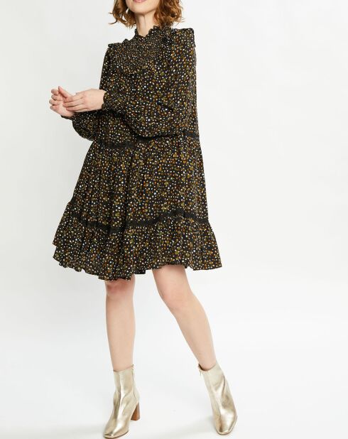 Robe évasée col smockée imprimé floral multicolore