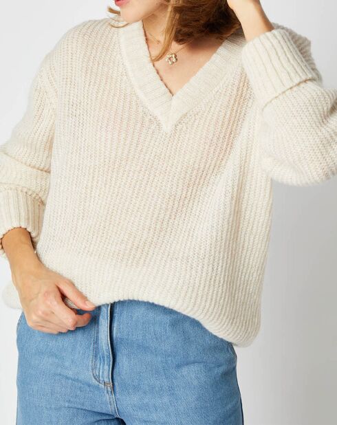 Pull en Maille mélangée Leena Col V écru