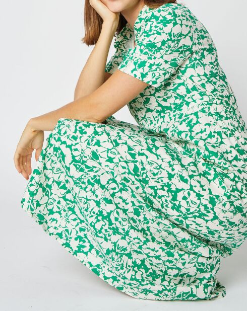 Robe chemise Elena coupe longue et cintrée à motifs vert/écru