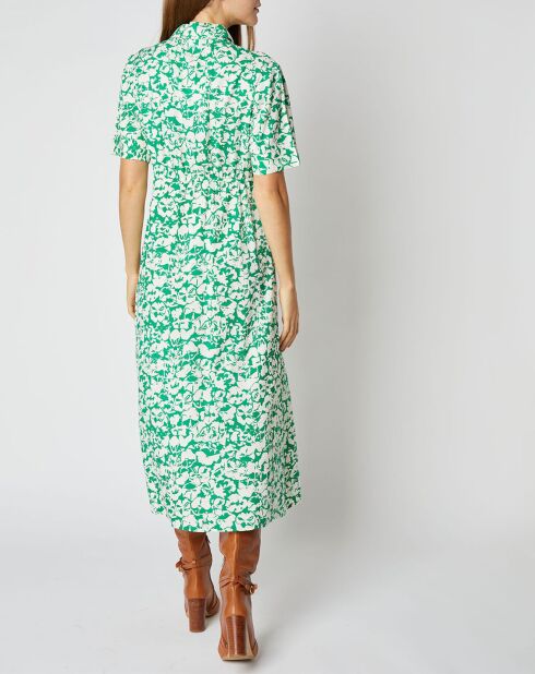 Robe chemise Elena coupe longue et cintrée à motifs vert/écru