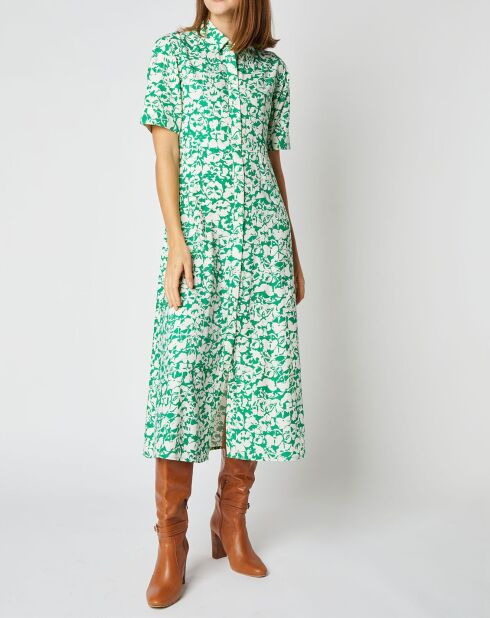 Robe chemise Elena coupe longue et cintrée à motifs vert/écru
