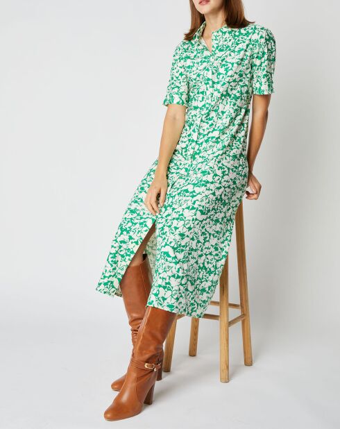 Robe chemise Elena coupe longue et cintrée à motifs vert/écru