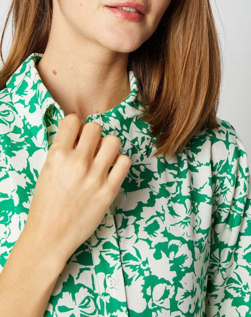 Robe chemise Elena coupe longue et cintrée à motifs vert/écru