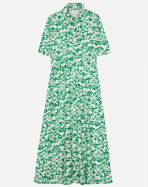 Robe chemise Elena coupe longue et cintrée à motifs vert/écru