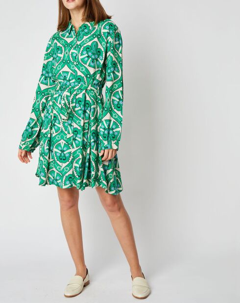 Robe chemise courte Thelma à motifs vert/écru