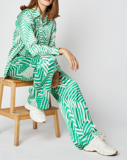 Pantalon fluide Rayane effet satiné à motifs vert