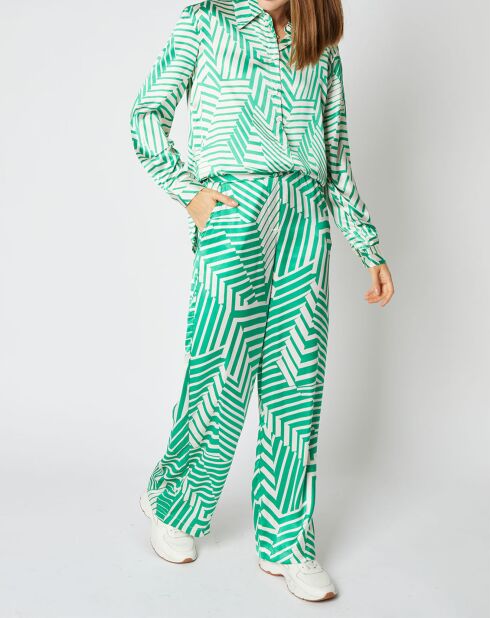 Pantalon fluide Rayane effet satiné à motifs vert