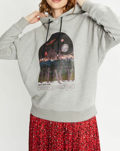 Sweat ample à capuche 100% Coton Bio imprimé gris