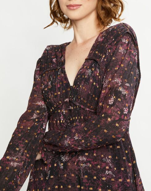 Robe Evasée Lurex col V noir/rose