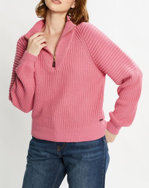 Pull col zippé en Coton Bio mélangé rose