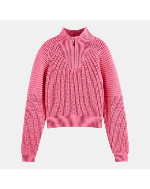 Pull col zippé en Coton Bio mélangé rose