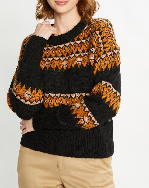 Pull Cable Fair Isle noir/orange