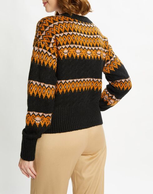 Pull Cable Fair Isle noir/orange