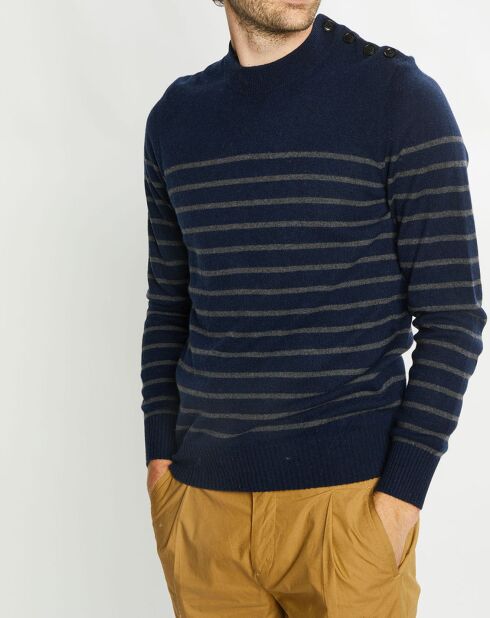 Pull en Cachemire & Laine Memarino rayé col rond bleu marine
