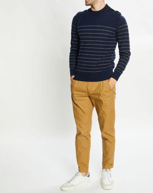 Pull en Cachemire & Laine Memarino rayé col rond bleu marine