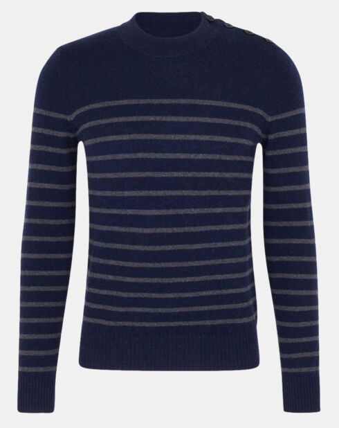 Pull en Cachemire & Laine Memarino rayé col rond bleu marine