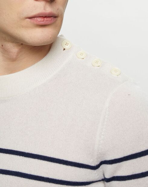 Pull en Cachemire & Laine Memarino rayé col rond écru/marine