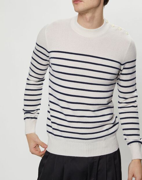 Pull en Cachemire & Laine Memarino rayé col rond écru/marine
