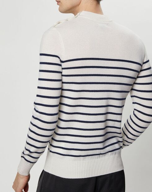 Pull en Cachemire & Laine Memarino rayé col rond écru/marine