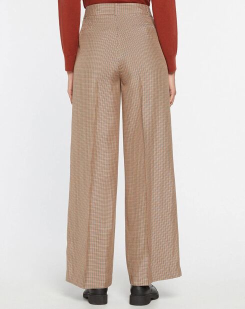 Pantalon large et fluide imprimé pied-de-poule marron