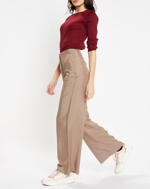 Pantalon large et fluide imprimé pied-de-poule marron