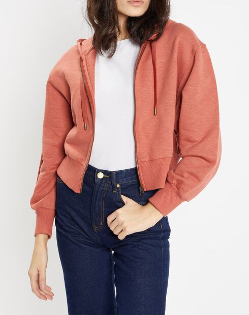 Sweat zippé court en Coton Lorenzo rose foncé