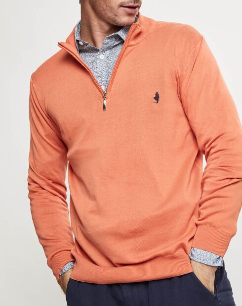 Pull col zippé en coton lavé orange