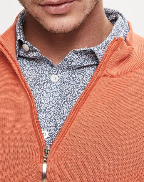 Pull col zippé en coton lavé orange