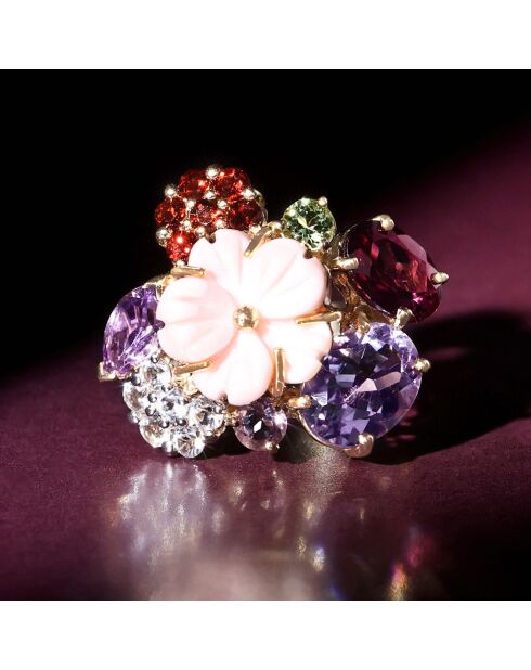 Bague Jardin anglais Améthystes 1.55 ct Grenats 0.30 ct Péridot 0.13 ct Rhodolite 0.95 ct Topazes 0.24 ct & Nacre or jaune