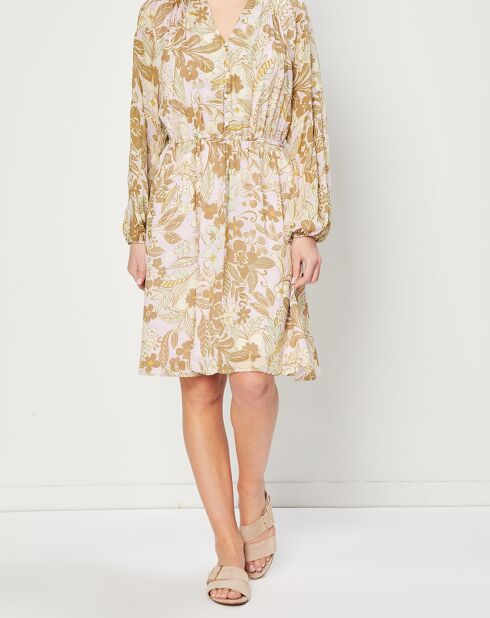 Robe fluide manches longues à Fleurs beige/écru