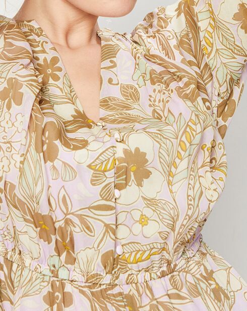 Robe fluide manches longues à Fleurs beige/écru