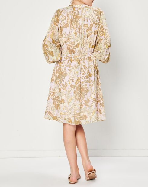 Robe fluide manches longues à Fleurs beige/écru