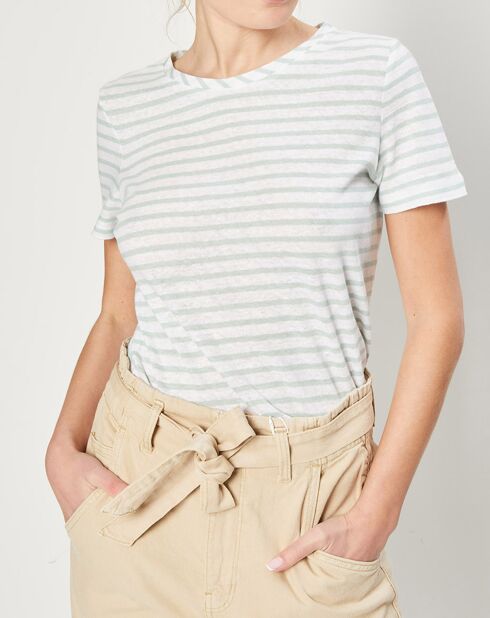 T-Shirt en Lin & Coton à rayures vert/blanc