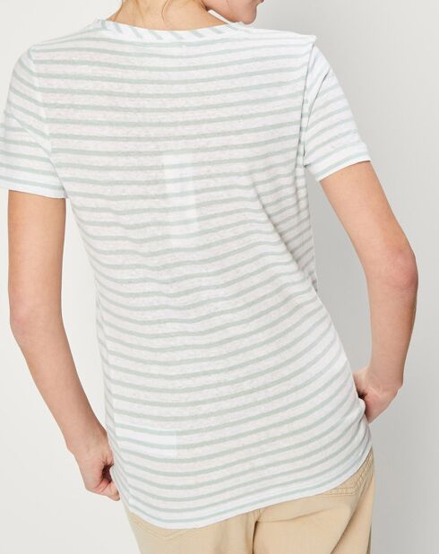 T-Shirt en Lin & Coton à rayures vert/blanc